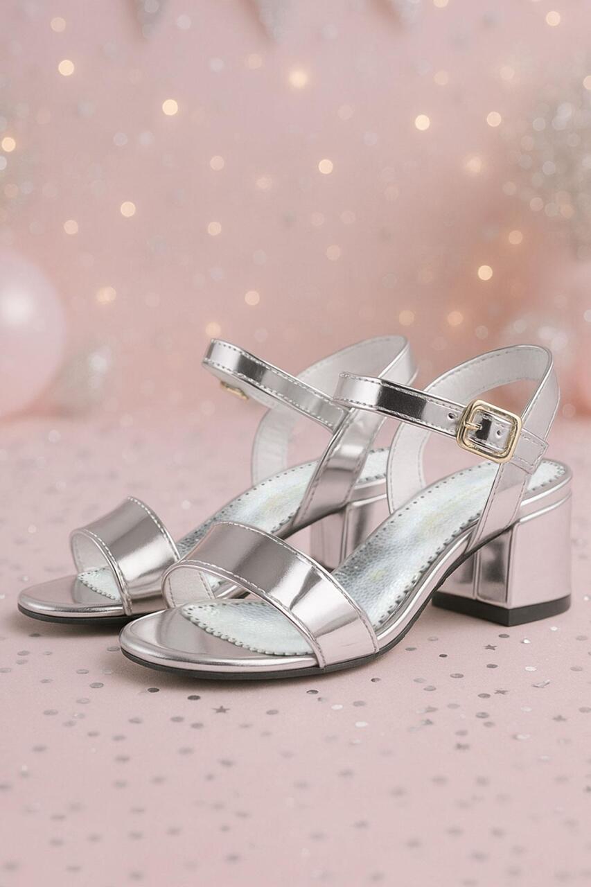 Pony Silver Mirrored Chunky Heeled Girls' Dress Shoes - 1