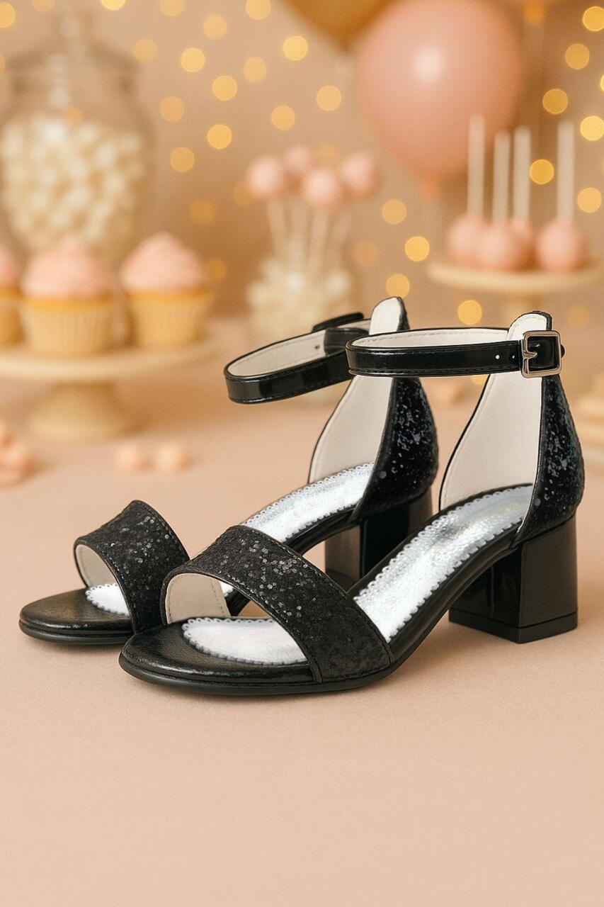 Elsa Black Glittery Chunky Heeled Girl's Dress Shoes - 1