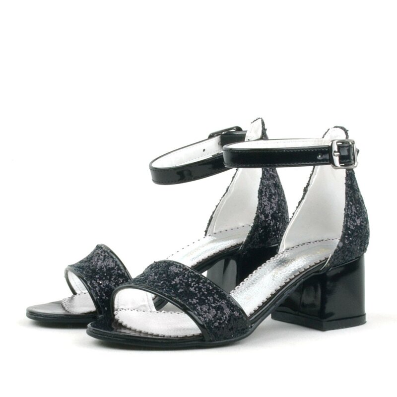 Elsa Black Glittery Chunky Heeled Girl's Dress Shoes - 5