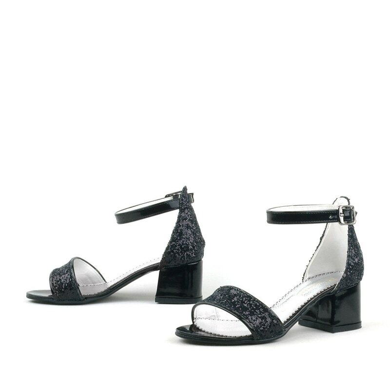 Elsa Black Glittery Chunky Heeled Girl's Dress Shoes - 6