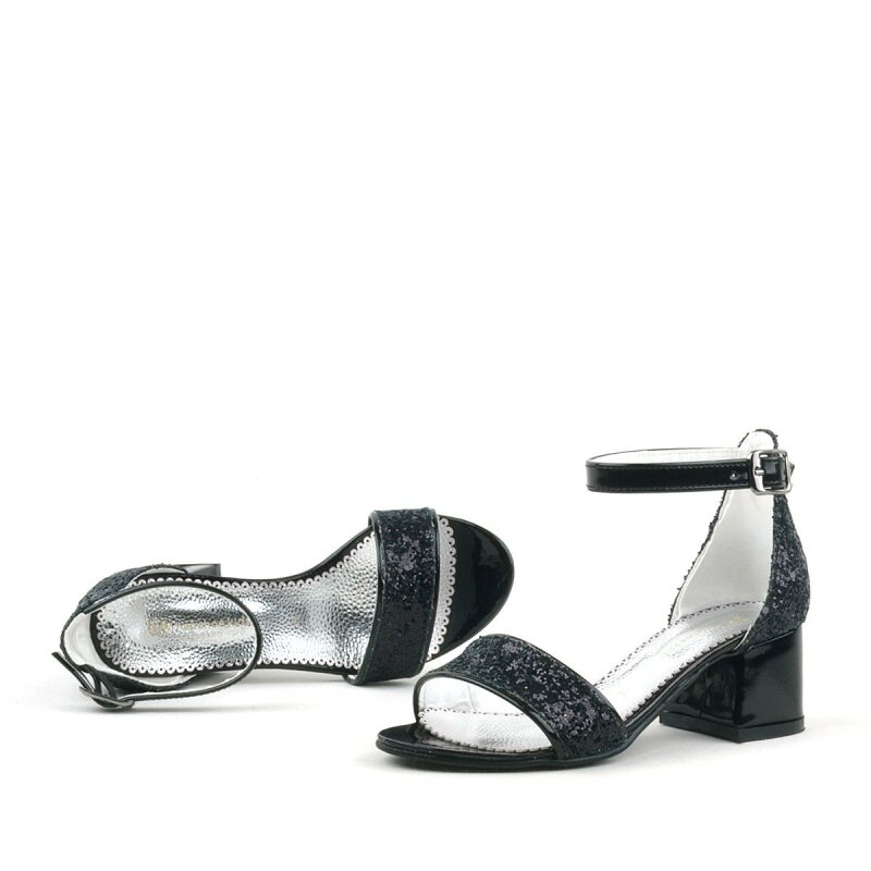 Elsa Black Glittery Chunky Heeled Girl's Dress Shoes - 7