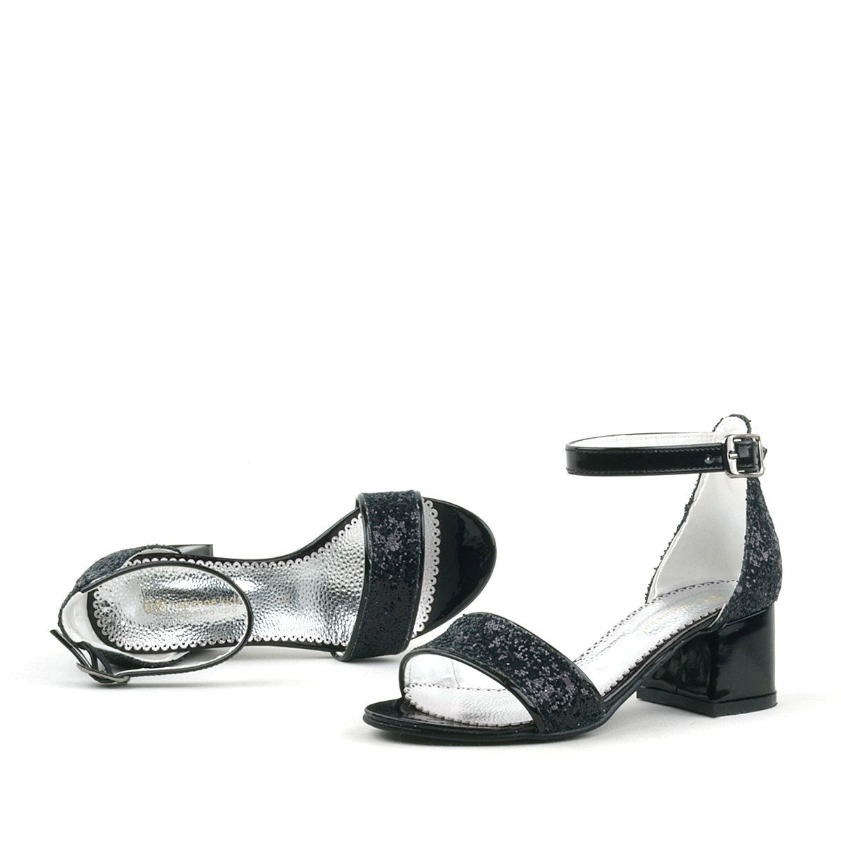 Elsa Black Glittery Chunky Heeled Girl's Dress Shoes - 7