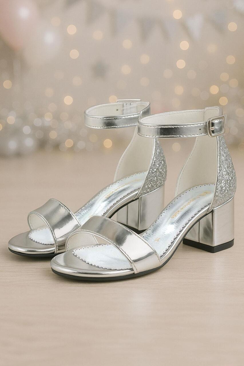 Elsa Gümüş Aynalı Simli Kalın Topuklu Kız Çocuk Abiye Ayakkabı - 1