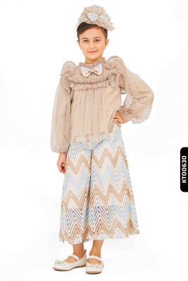 Openwork Bundled Handkerchief Gathered Sleeves 3-Piece Girls' Trousers Set 6-14 Years 6561 - BELLADONNA