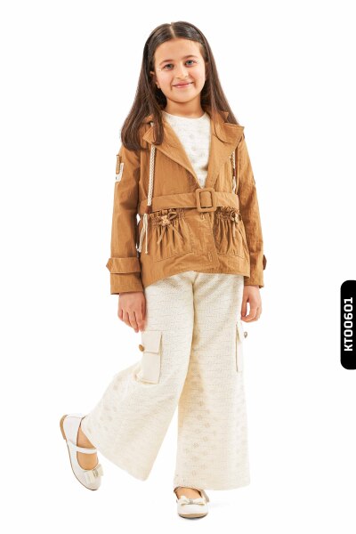 Hooded Buttoned Jacket Collared Wide Leg Trousers Girls Trousers Suit 6-12 Years 3822 - BELLADONNA