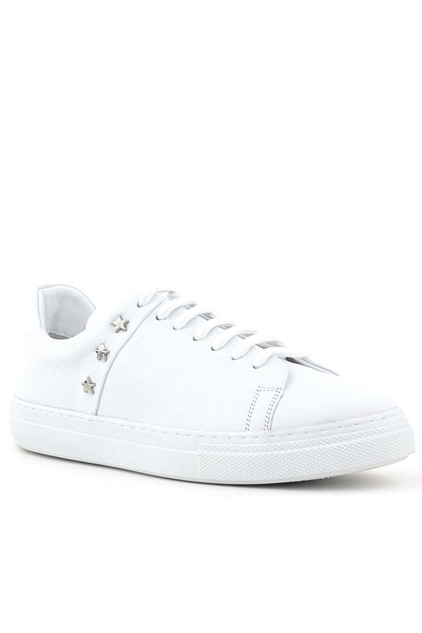 Hakiki Deri Kadın Beyaz Bağcıklı Yıldızlı Sneaker Ayakkabı - 1