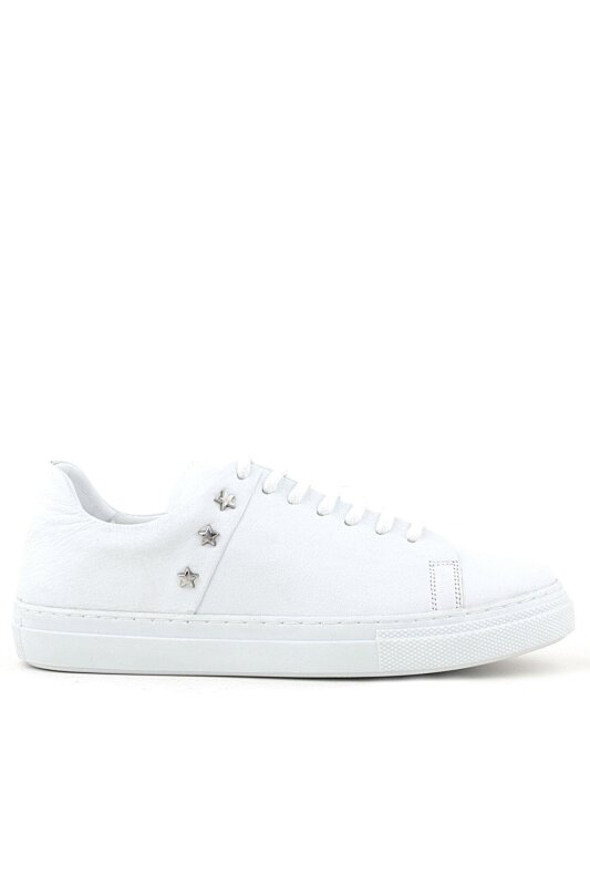 Hakiki Deri Kadın Beyaz Bağcıklı Yıldızlı Sneaker Ayakkabı - 2
