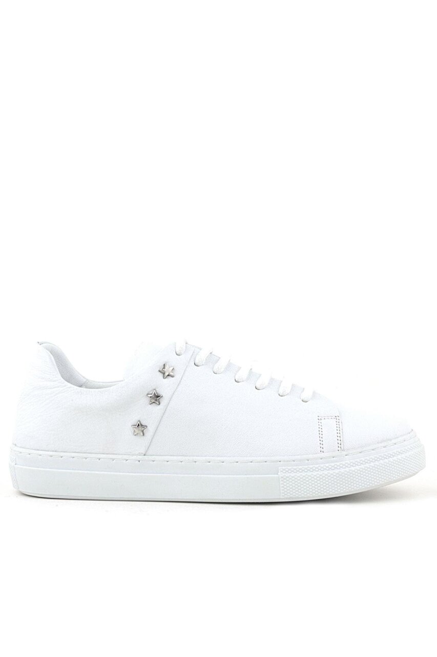 Hakiki Deri Kadın Beyaz Bağcıklı Yıldızlı Sneaker Ayakkabı - 2