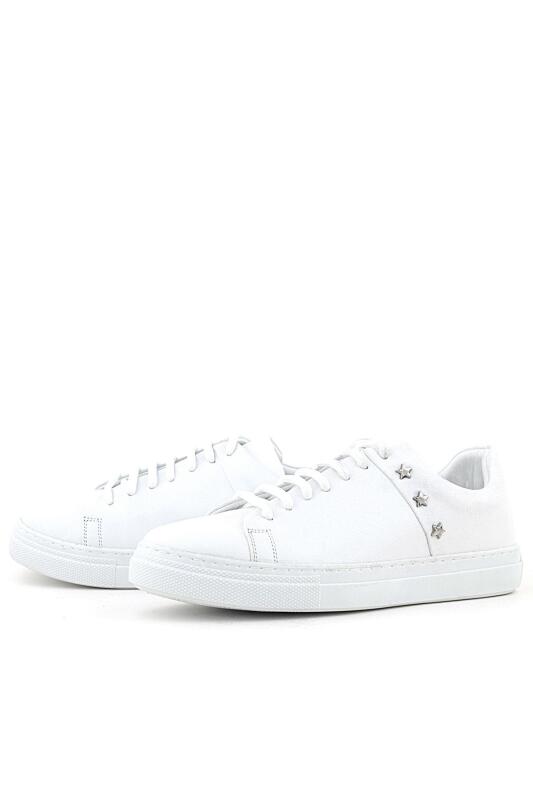 Hakiki Deri Kadın Beyaz Bağcıklı Yıldızlı Sneaker Ayakkabı - 3