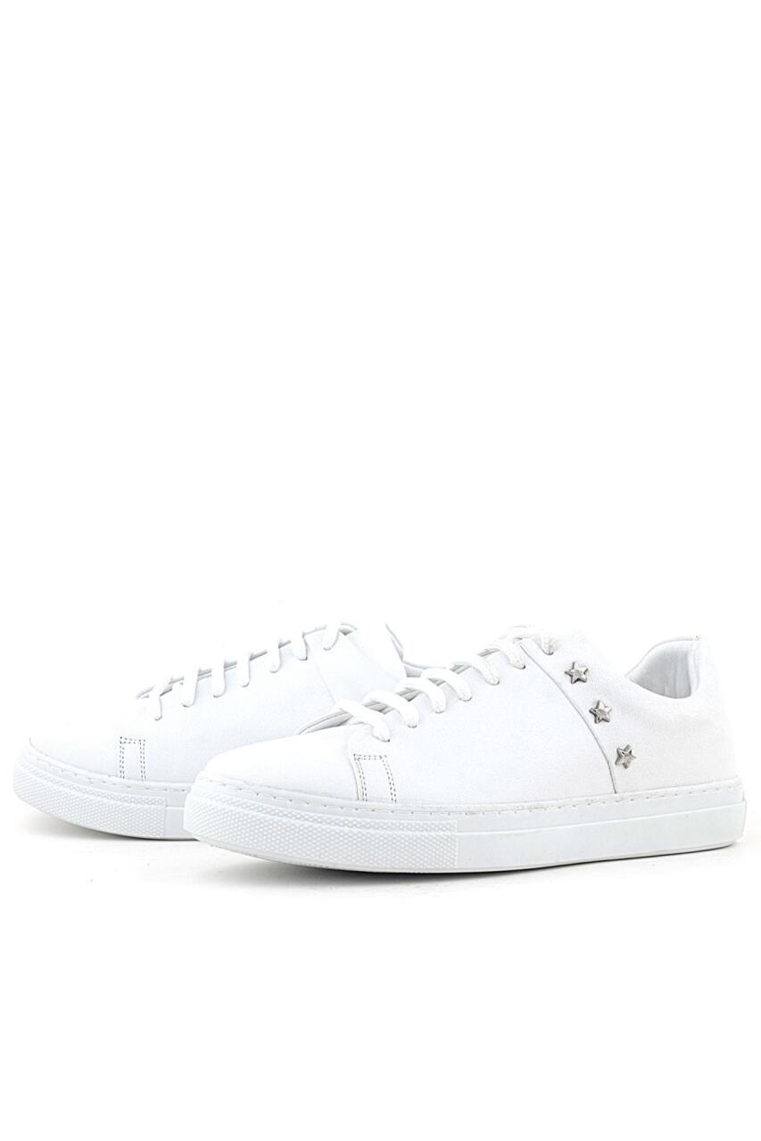 Hakiki Deri Kadın Beyaz Bağcıklı Yıldızlı Sneaker Ayakkabı - 3