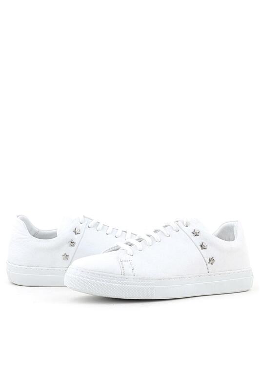 Hakiki Deri Kadın Beyaz Bağcıklı Yıldızlı Sneaker Ayakkabı - 4