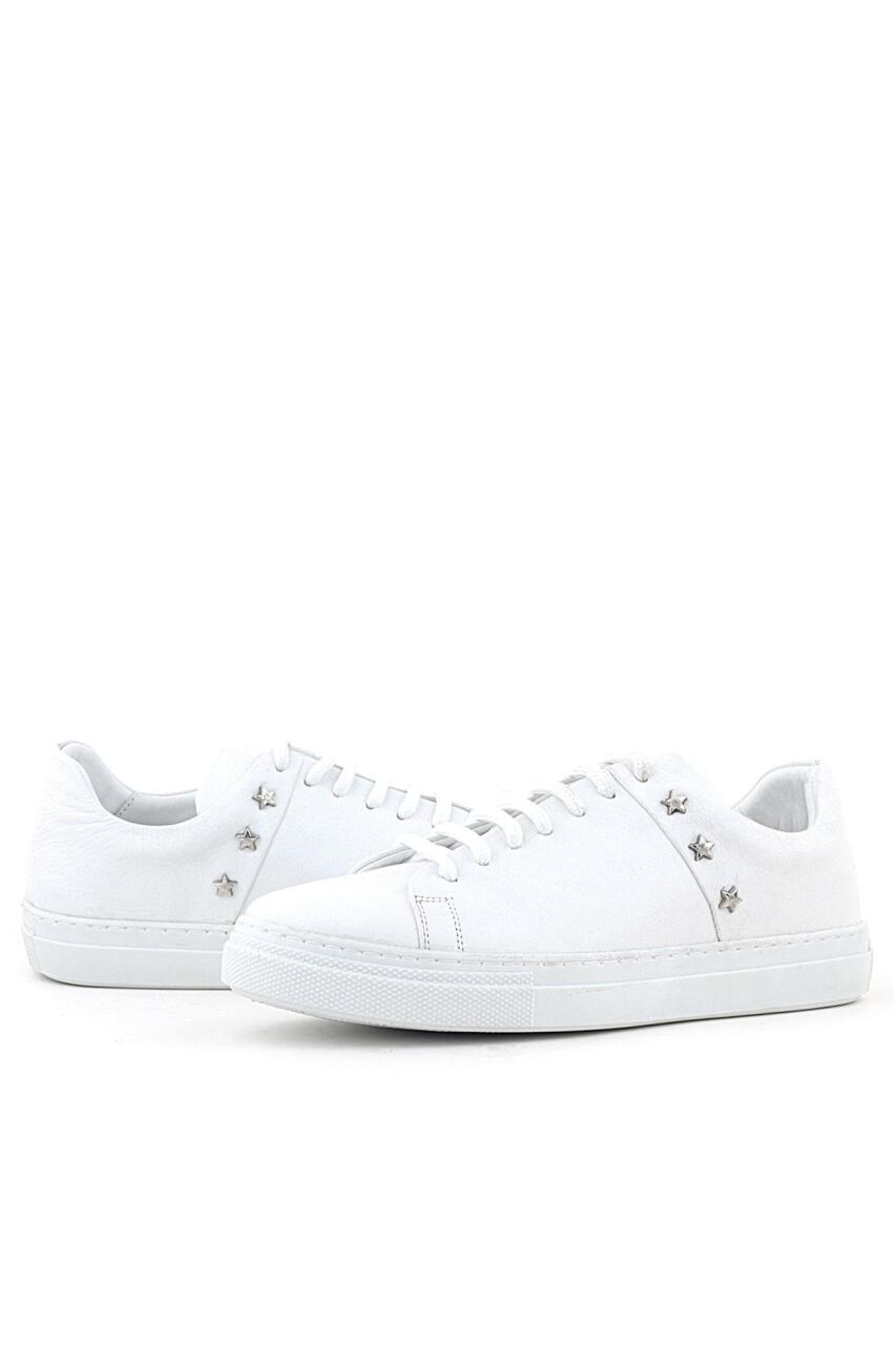 Hakiki Deri Kadın Beyaz Bağcıklı Yıldızlı Sneaker Ayakkabı - 4