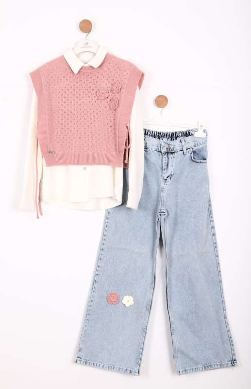 طقم توب و سفلي للبنات من 7 إلى 14 سنة 30015 بودرة - Hamada Tex