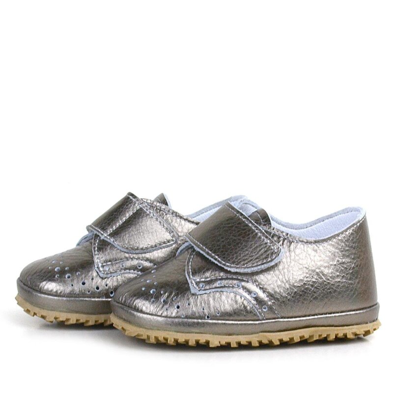 حذاء أطفال من الجلد الطبيعي اللامع البلاتيني مع شريط فيلكرو - 5