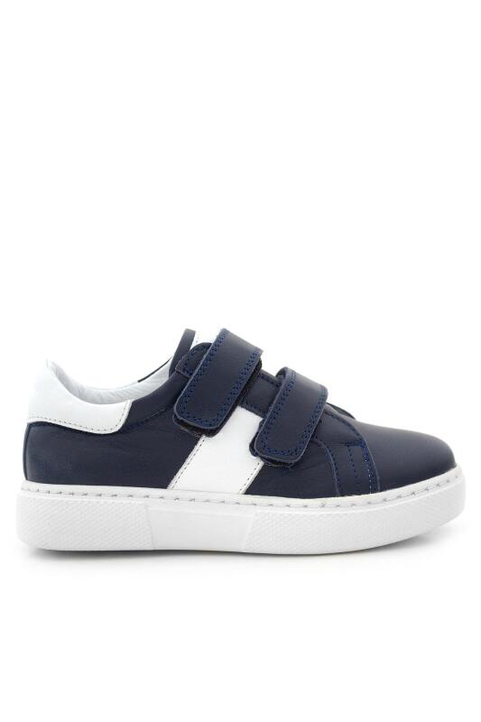 حذاء رياضي للأولاد من الجلد الطبيعي بشريط فيلكرو أزرق داكن وأبيض - 2