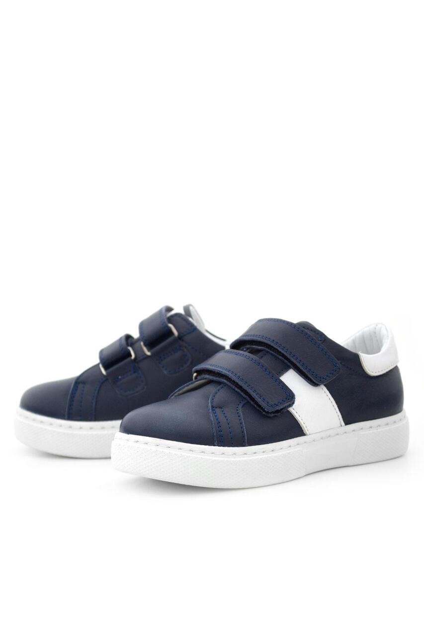 حذاء رياضي للأولاد من الجلد الطبيعي بشريط فيلكرو أزرق داكن وأبيض - 4