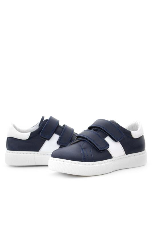 حذاء رياضي للأولاد من الجلد الطبيعي بشريط فيلكرو أزرق داكن وأبيض - 6