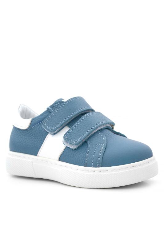 حذاء رياضي للأطفال من الجلد الطبيعي باللون الأزرق والأبيض مع شريط فيلكرو - 2