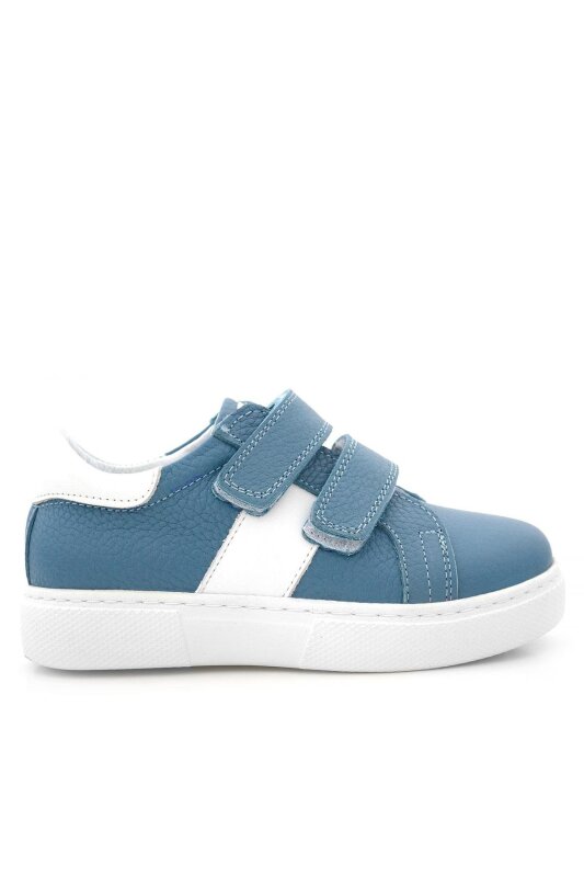 حذاء رياضي للأطفال من الجلد الطبيعي باللون الأزرق والأبيض مع شريط فيلكرو - 3