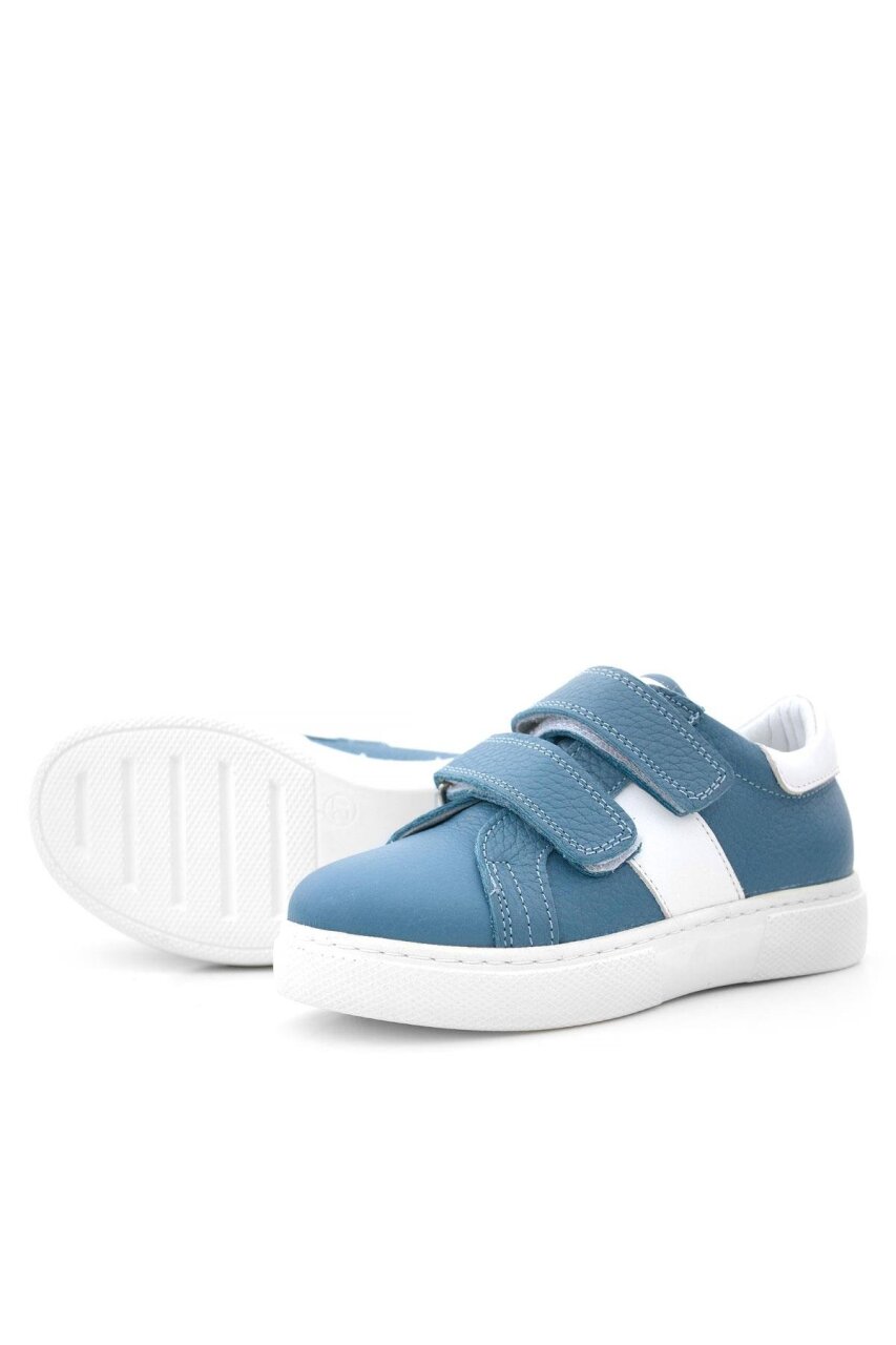 حذاء رياضي للأطفال من الجلد الطبيعي باللون الأزرق والأبيض مع شريط فيلكرو - 7