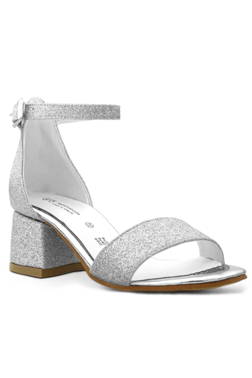 حذاء سهرة للبنات من ليلو برّاق فضي اللون بكعب عالٍ وحزام واحد - 2