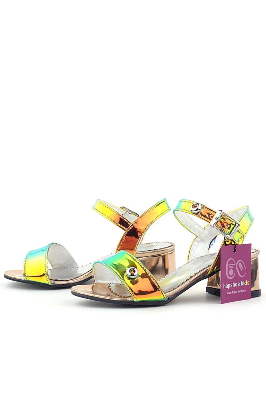 حذاء سهرة بناتي بكعب سميك وتفاصيل حجرية باللون الأخضر النحاسي بتصميم هولوغرام - 3