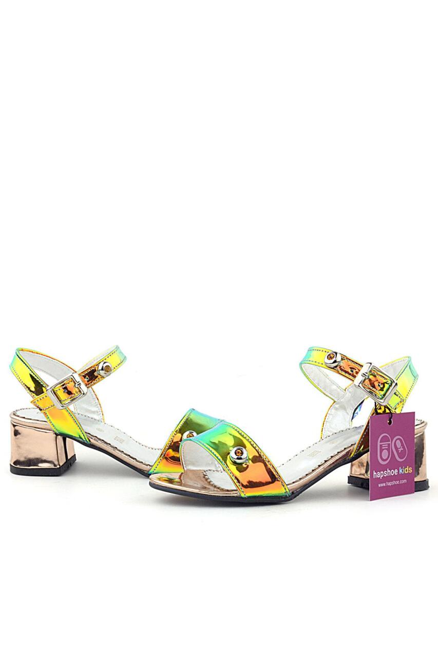 حذاء سهرة بناتي بكعب سميك وتفاصيل حجرية باللون الأخضر النحاسي بتصميم هولوغرام - 4