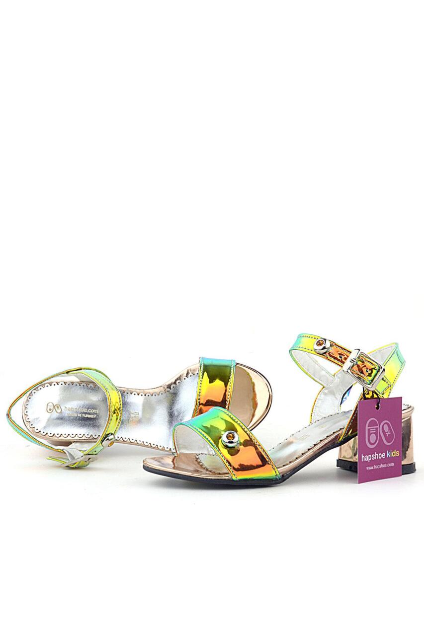 حذاء سهرة بناتي بكعب سميك وتفاصيل حجرية باللون الأخضر النحاسي بتصميم هولوغرام - 5