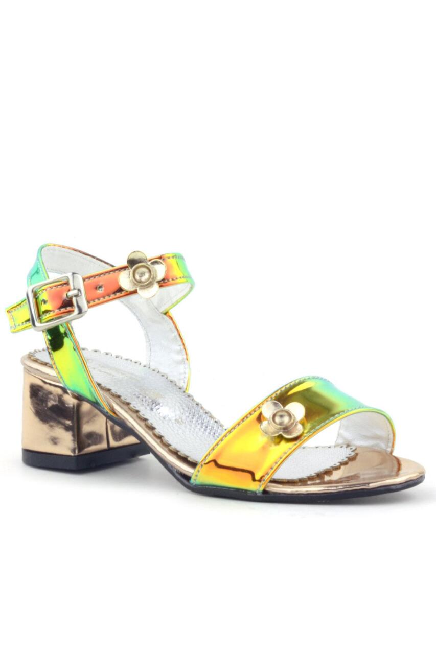 حذاء سهرة للبنات بكعب سميك وتفاصيل زهور بلون أخضر نحاسي مجسم - 1