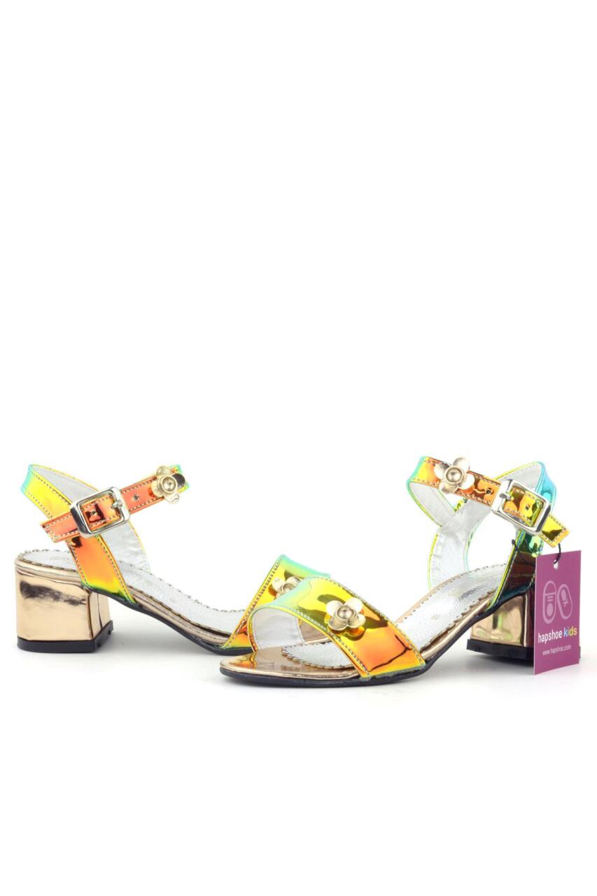 حذاء سهرة للبنات بكعب سميك وتفاصيل زهور بلون أخضر نحاسي مجسم - 5