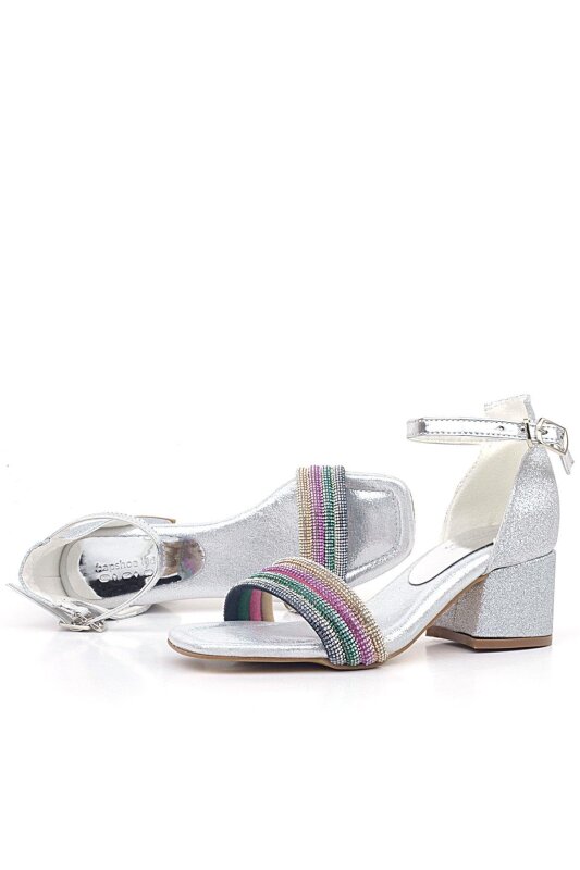 حذاء سهرة بناتي بكعب عالٍ مرصع بأحجار ملونة فضية - 4