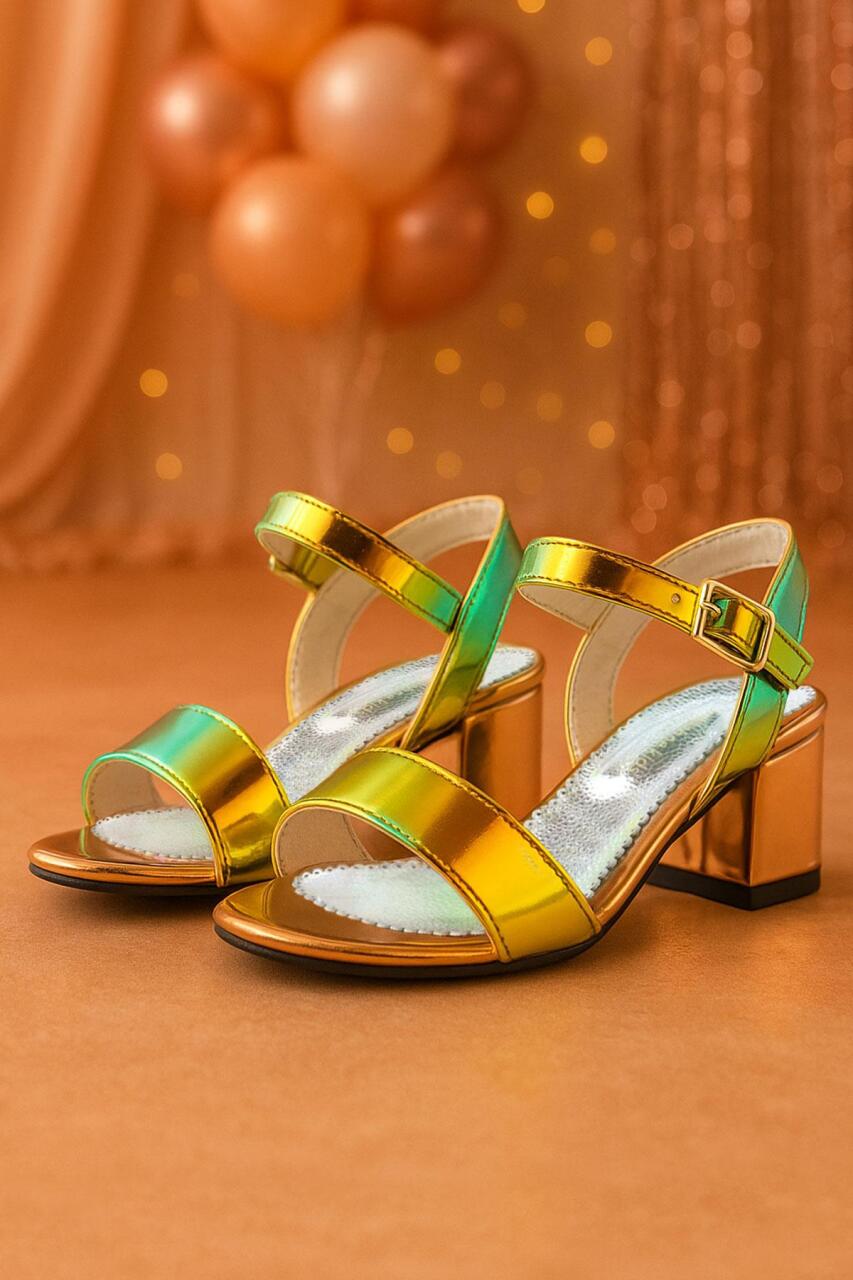 حذاء سهرة بناتي بكعب سميك بلون أخضر نحاسي مجسم - 1