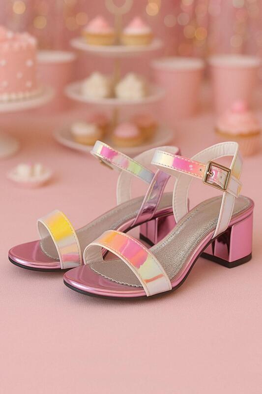 حذاء سهرة بناتي بكعب سميك وردي-أصفر بتصميم هولوغرام - hapshoe kids