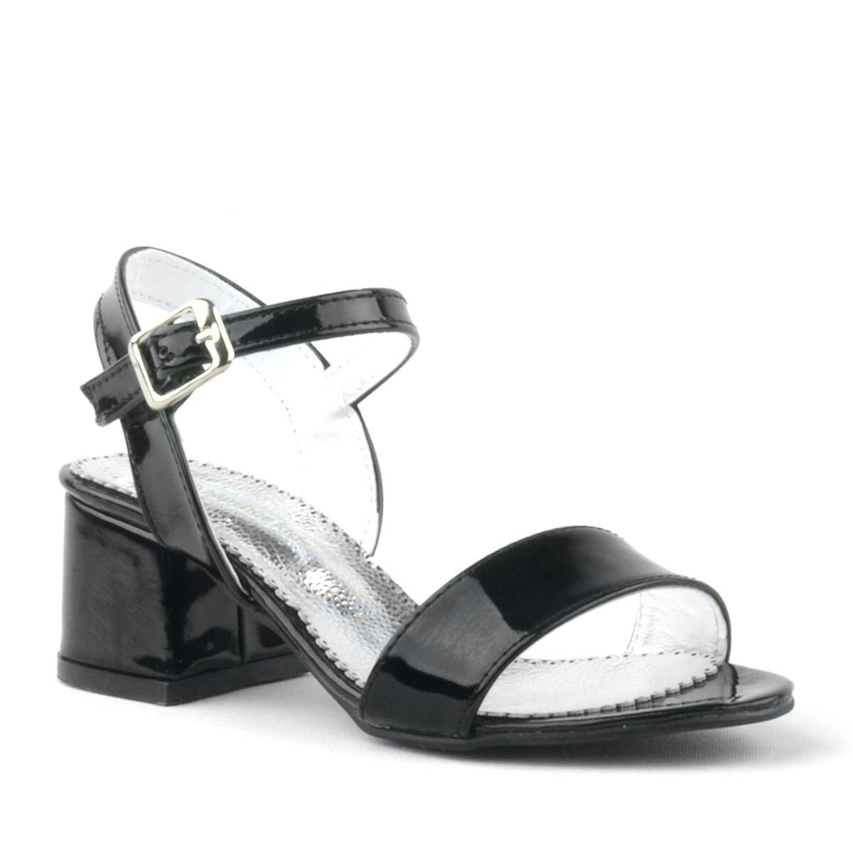 حذاء سهرة للبنات بكعب سميك من الجلد اللامع باللون الأسود - 2