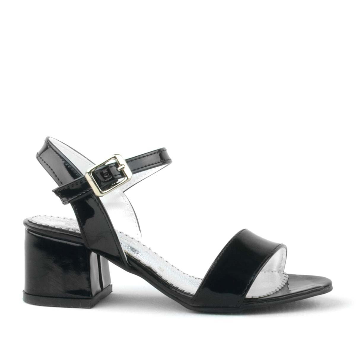 حذاء سهرة للبنات بكعب سميك من الجلد اللامع باللون الأسود - 3