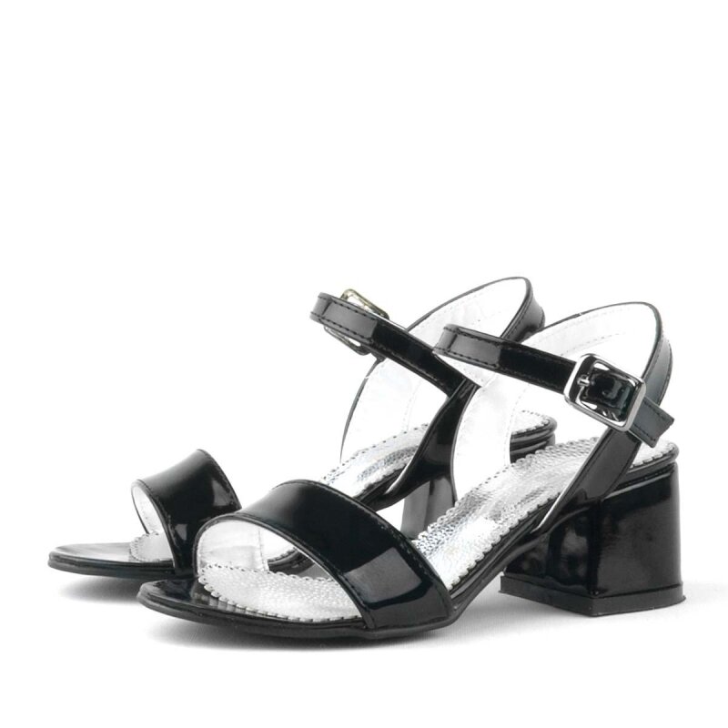 حذاء سهرة للبنات بكعب سميك من الجلد اللامع باللون الأسود - 5