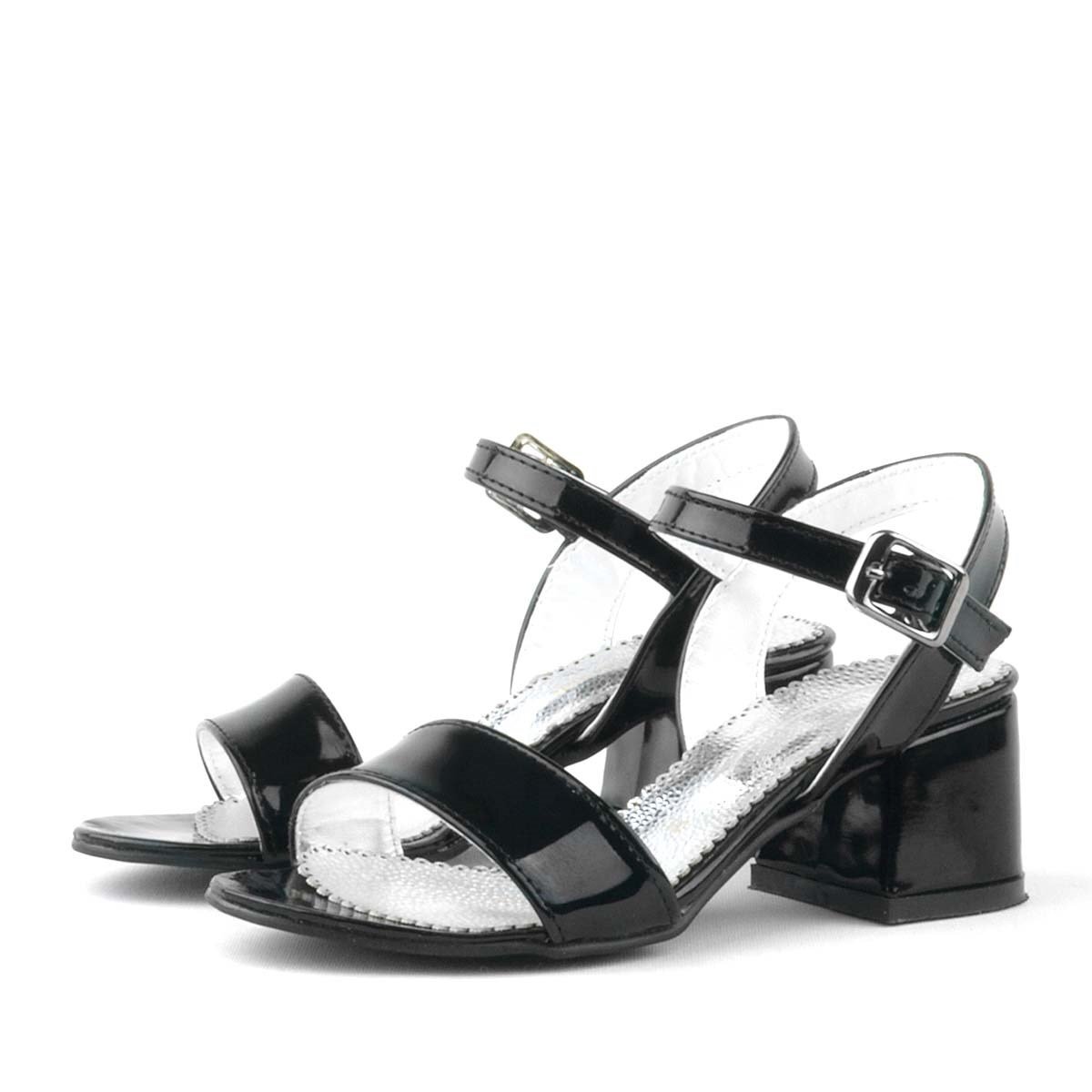 حذاء سهرة للبنات بكعب سميك من الجلد اللامع باللون الأسود - 5