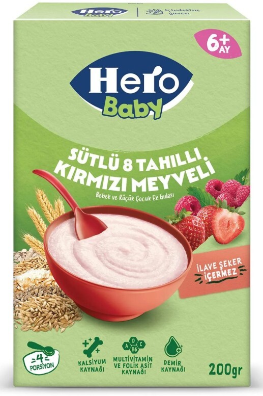 Hero Baby Sütlü Kırmızı Meyveli 8 Tahıllı Kaşık Mama 200 Gr - 1