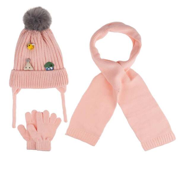 Kitti Bebe Kız Atkı Bere Eldiven Takım (1-4 Yaş) K24160-03 Soft Pembe - Kitti