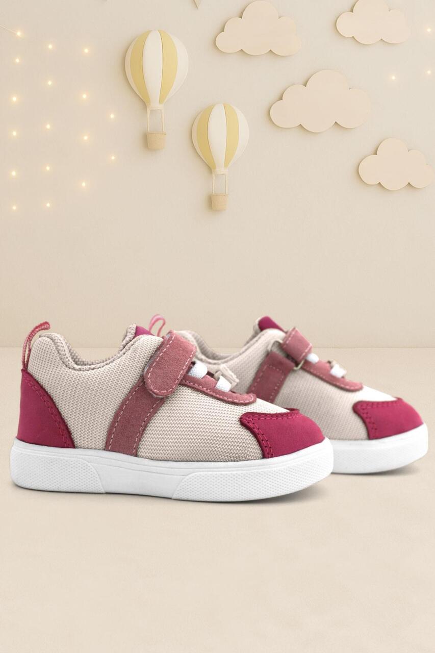 Rakerplus Hakiki Deri Pembe Krem Cırtlı Kız Bebek Ayakkabı - 1