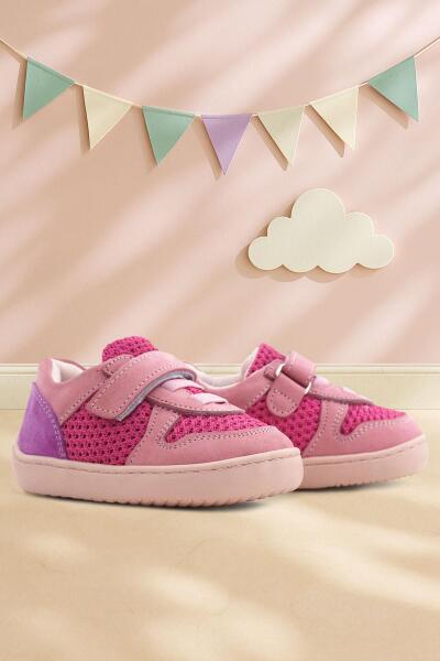 Rakerplus Bob Hakiki Deri Pembe Mor Barefoot Cırtlı Lastikli Bebek Sneaker Ayakkabı - 1