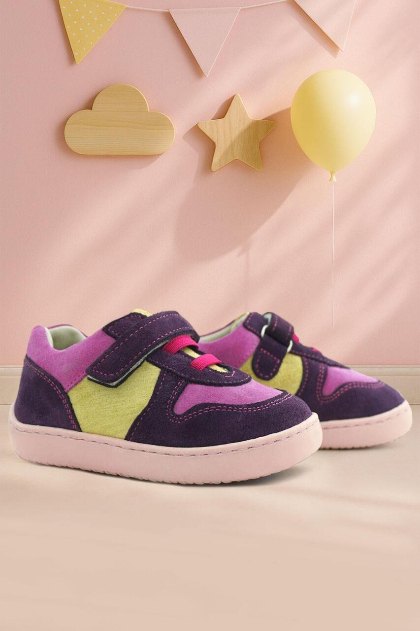 Rakerplus Bob Hakiki Deri Mor Pembe Barefoot Cırtlı Lastikli Bebek Sneaker Ayakkabı - 1