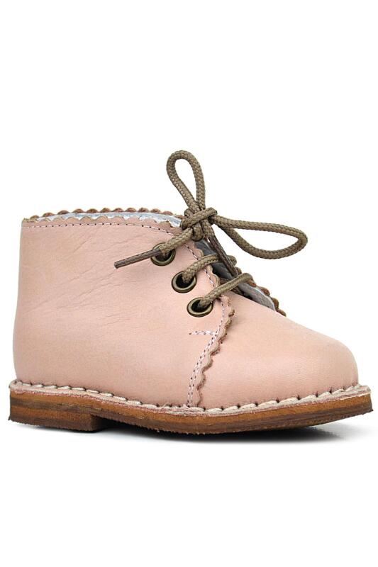Rakerplus Handmade Hakiki Deri Pudra Pembe Bağcıklı Kız Bebek Bot - Rakerplus