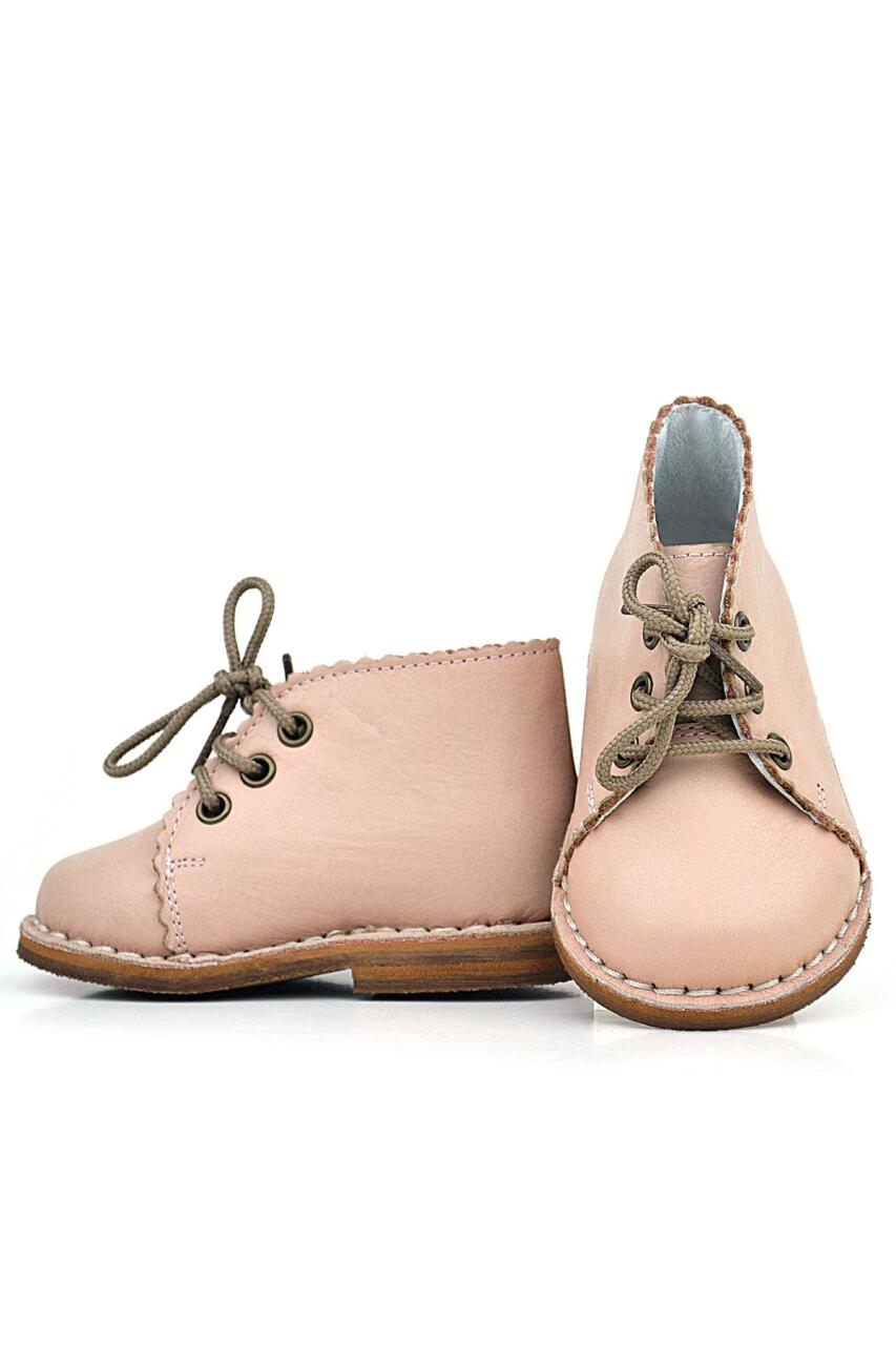 Rakerplus Handmade Hakiki Deri Pudra Pembe Bağcıklı Kız Bebek Bot - 5