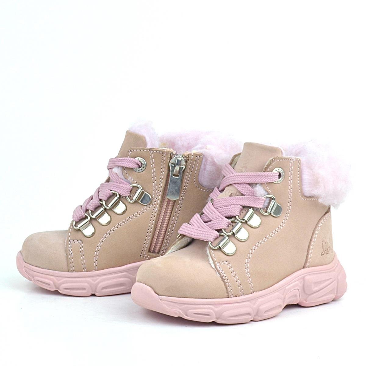 Rakerplus Hakiki Deri Pudra Pembe Fermuarlı Kışlık Kız Bebek Bot Ayakkabı - 4
