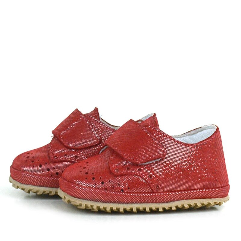 Hakiki Deri Kırmızı Simli Cırtlı Bebek Patik Ayakkabı - 4