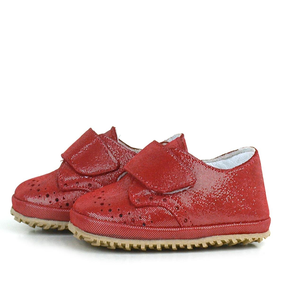 Hakiki Deri Kırmızı Simli Cırtlı Bebek Patik Ayakkabı - 4