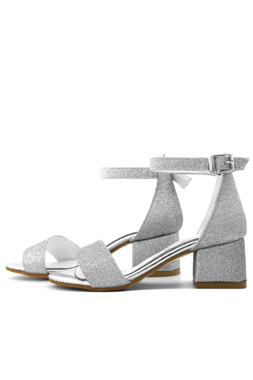 Lilo Simli Gümüş Tek Bantlı Kız Çocuk Topuklu Abiye Ayakkabı - 5