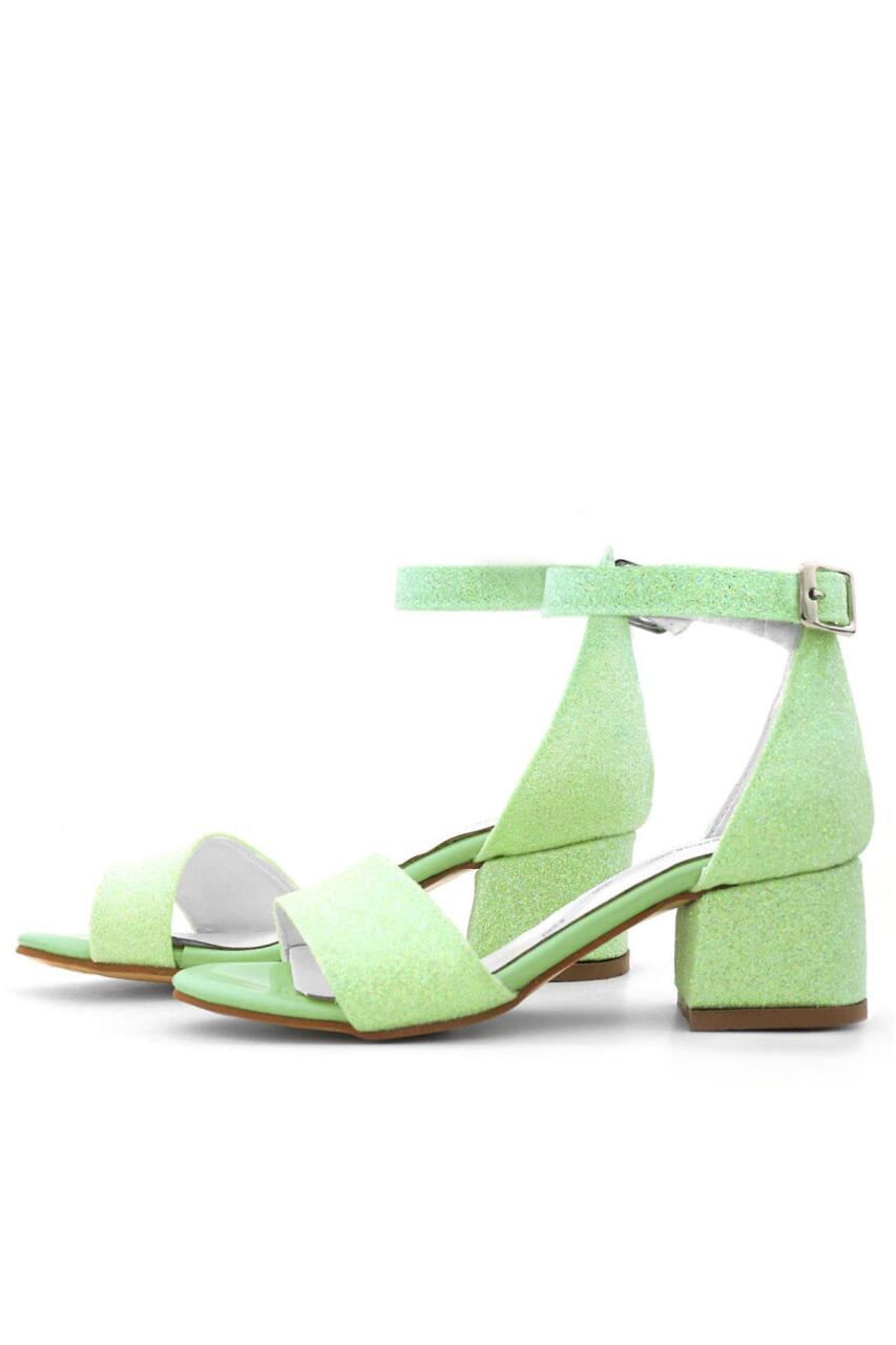 Lilo Simli Yeşil Tek Bantlı Kız Çocuk Topuklu Abiye Ayakkabı - 5