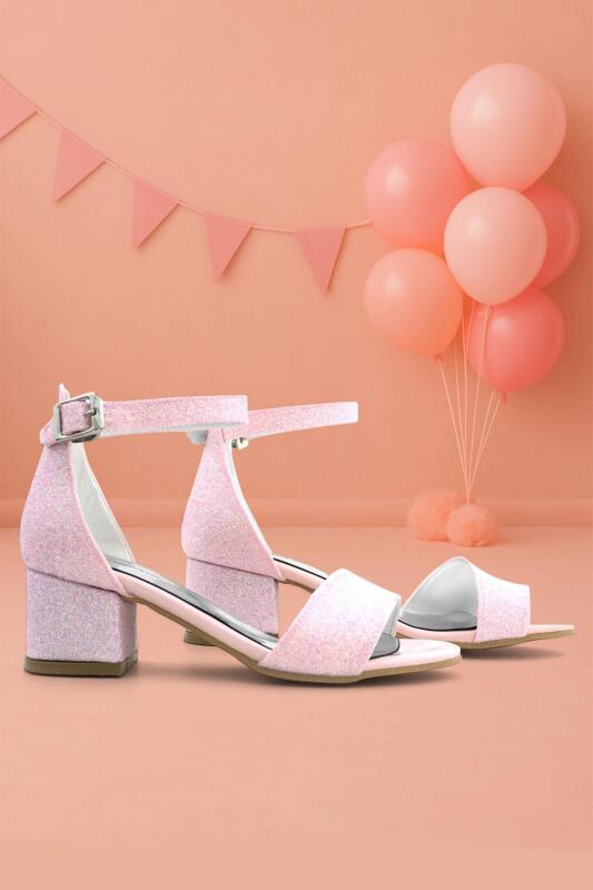 Lilo Simli Pembe Tek Bantlı Kız Çocuk Topuklu Abiye Ayakkabı - hapshoe kids